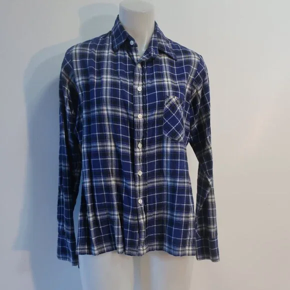 Womens R13 (Item- 89) Blue Black White Vented Side Seams Flannel Plaid M - Picture 2 of 10